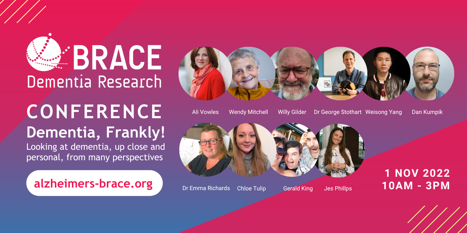 A banner for Together 4 Dementia 2022 conference, 1st November, 10am - 3pm. The following speakers have their photo on the banner: • Ali Vowles, Dr Wendy Mitchell, Willy Gilder, Dr George Stothart, Weisong Yang, Dan Kumpik, Dr Emma Richards, Chloe Tulip, Gerald King and Jes Phillps