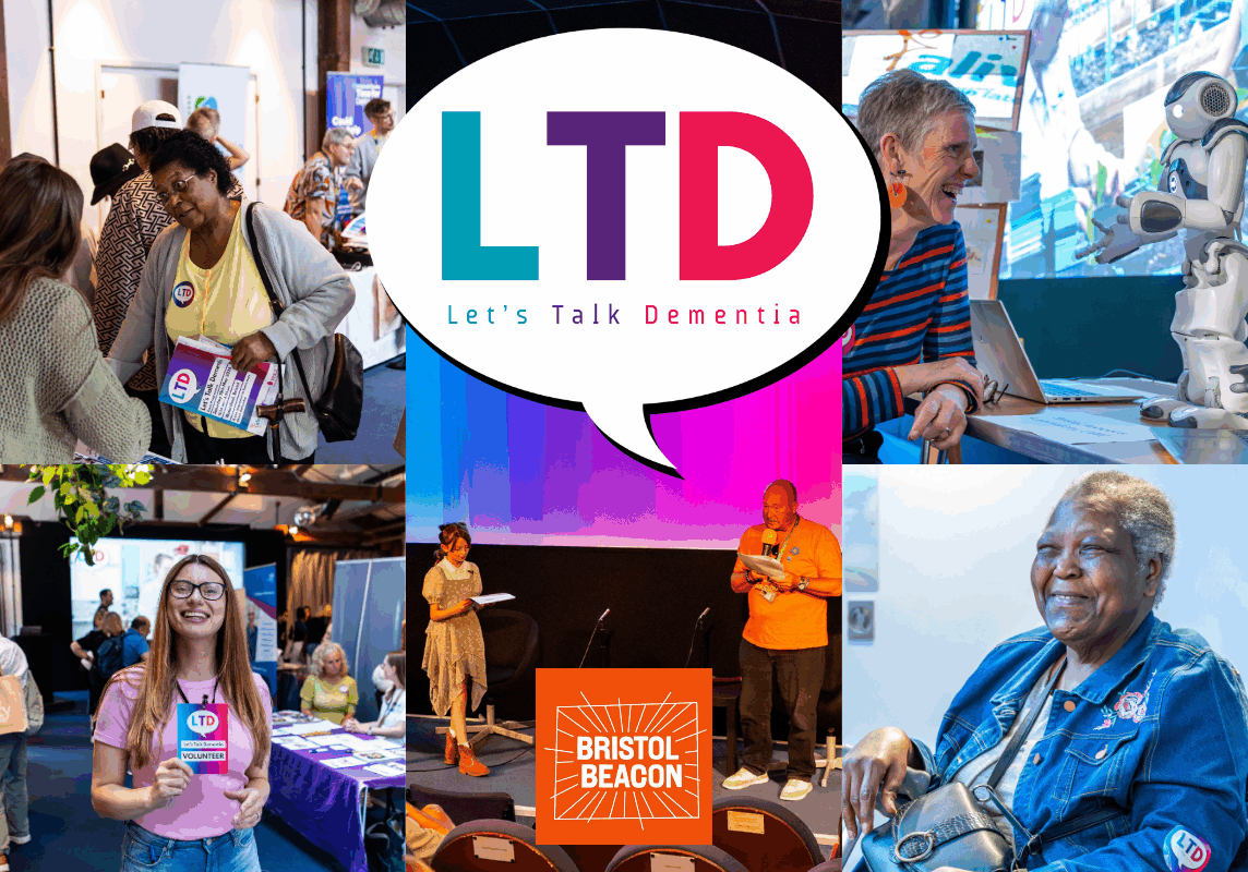 Five photos from previous Let's Talk Dementia events with the LTD & Bristol Beacon logo.